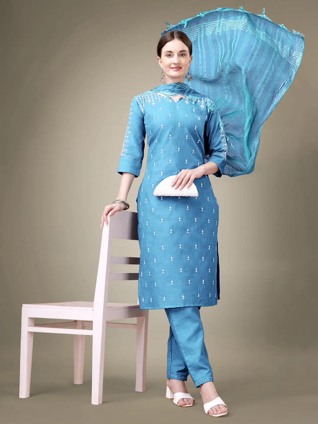 Sky Blue Rayon Print with Embroidery & Sequence Work Kurti Set