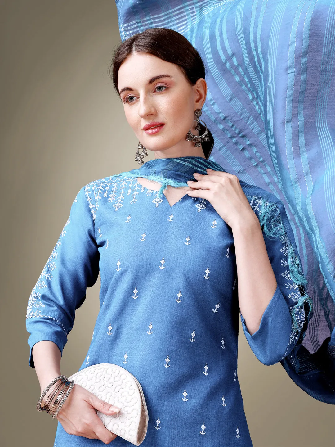 Sky Blue Rayon Print with Embroidery & Sequence Work Kurti Set