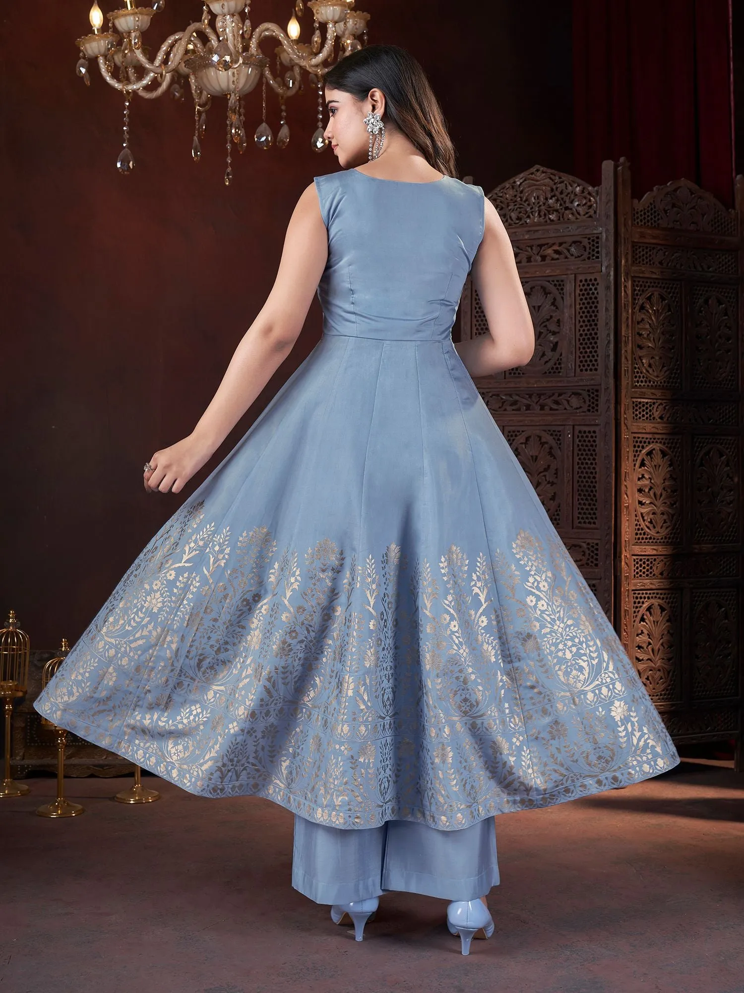 Sky Colour Pure Roman Silk Readymade Salwar Suit With Foil Print, Mirror And Thread Work Anarkali Salwar Suit