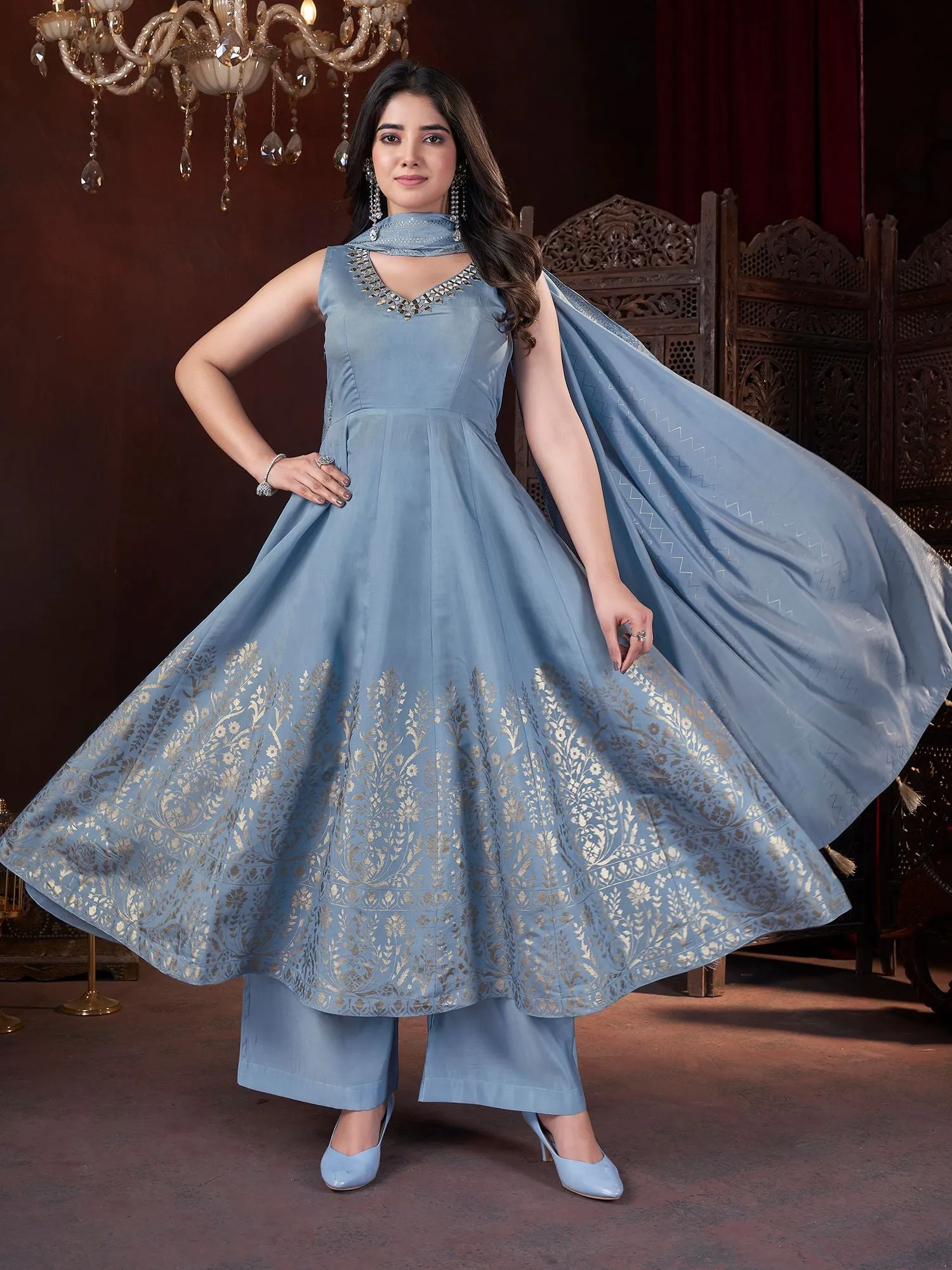 Sky Colour Pure Roman Silk Readymade Salwar Suit With Foil Print, Mirror And Thread Work Anarkali Salwar Suit