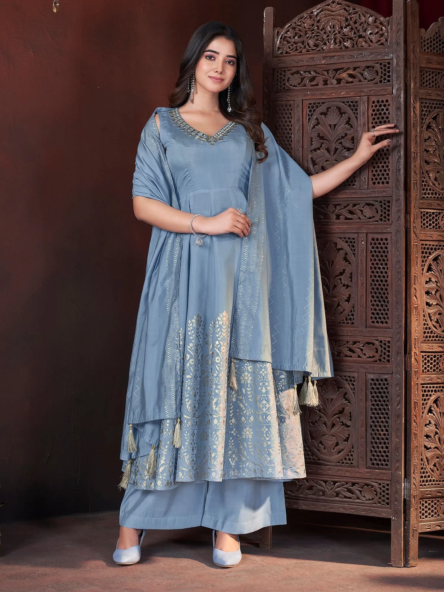 Sky Colour Pure Roman Silk Readymade Salwar Suit With Foil Print, Mirror And Thread Work Anarkali Salwar Suit