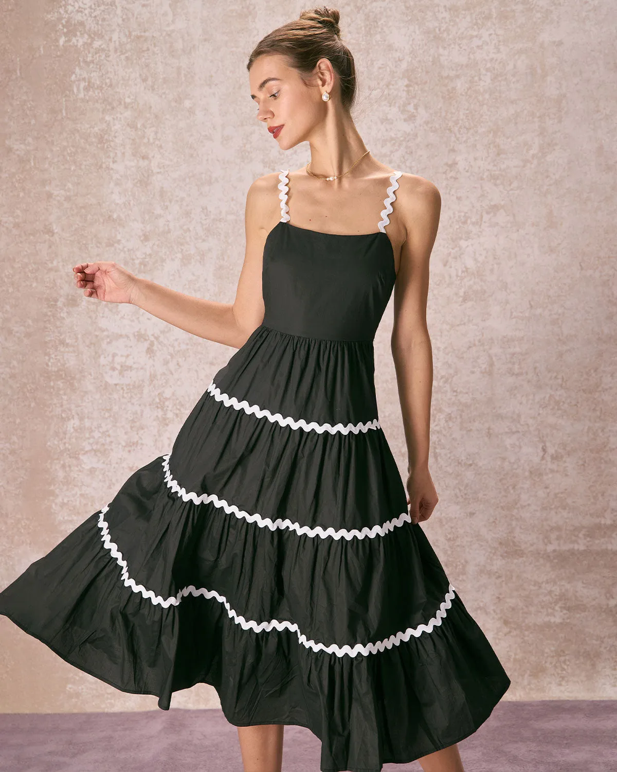 The Black Contrast Wave Cut Strap Midi Dress