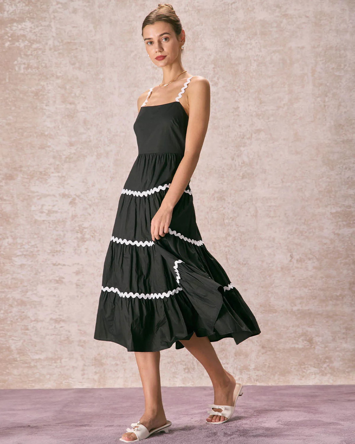 The Black Contrast Wave Cut Strap Midi Dress