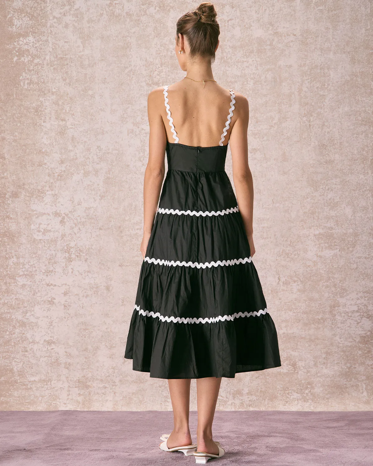The Black Contrast Wave Cut Strap Midi Dress