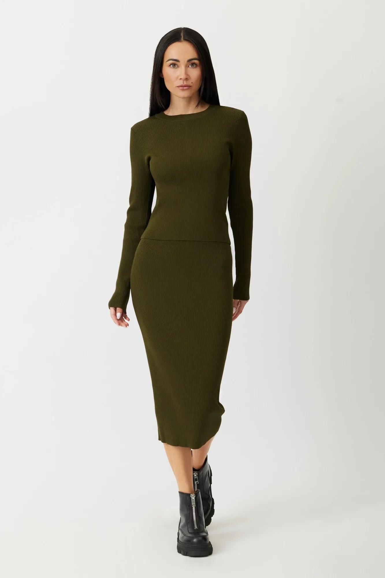 The Gale - Army Green Midi Knit Skirt