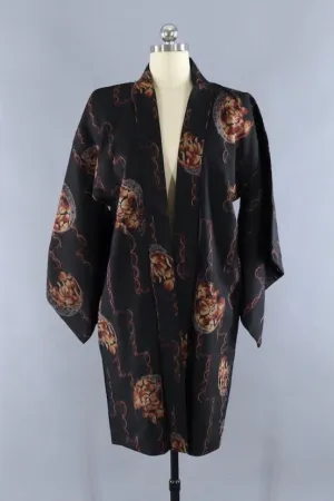 Vintage 1930s Silk Kimono Cardigan Jacket / Black Floral Ikat