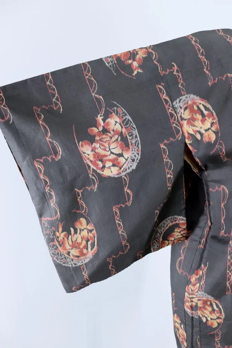 Vintage 1930s Silk Kimono Cardigan Jacket / Black Floral Ikat