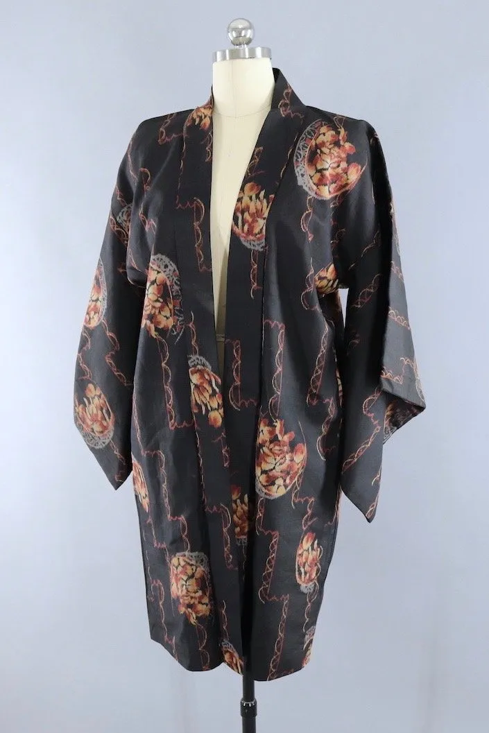 Vintage 1930s Silk Kimono Cardigan Jacket / Black Floral Ikat