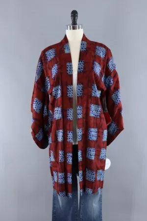 Vintage Silk Kimono Cardigan / Brown & Blue Shibori Dyed