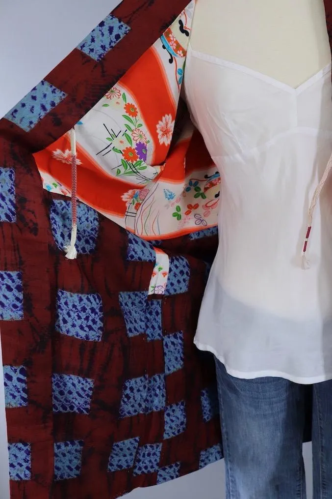 Vintage Silk Kimono Cardigan / Brown & Blue Shibori Dyed