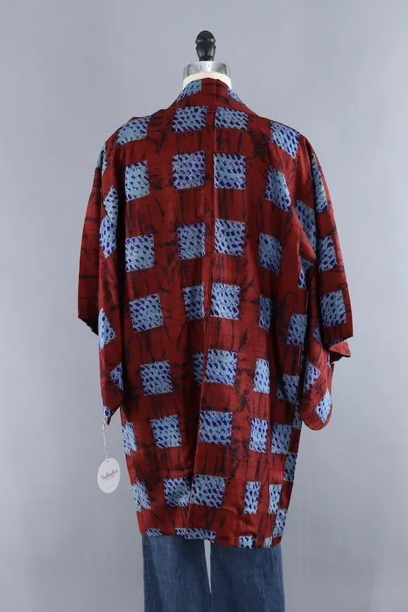 Vintage Silk Kimono Cardigan / Brown & Blue Shibori Dyed