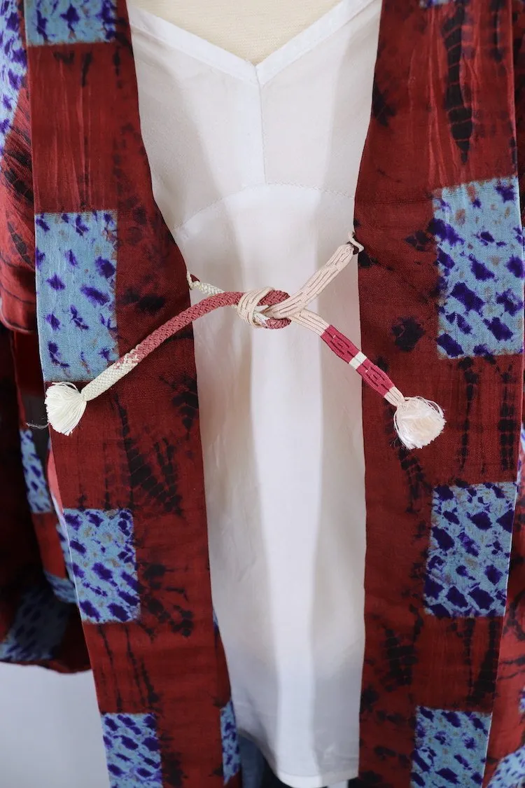 Vintage Silk Kimono Cardigan / Brown & Blue Shibori Dyed