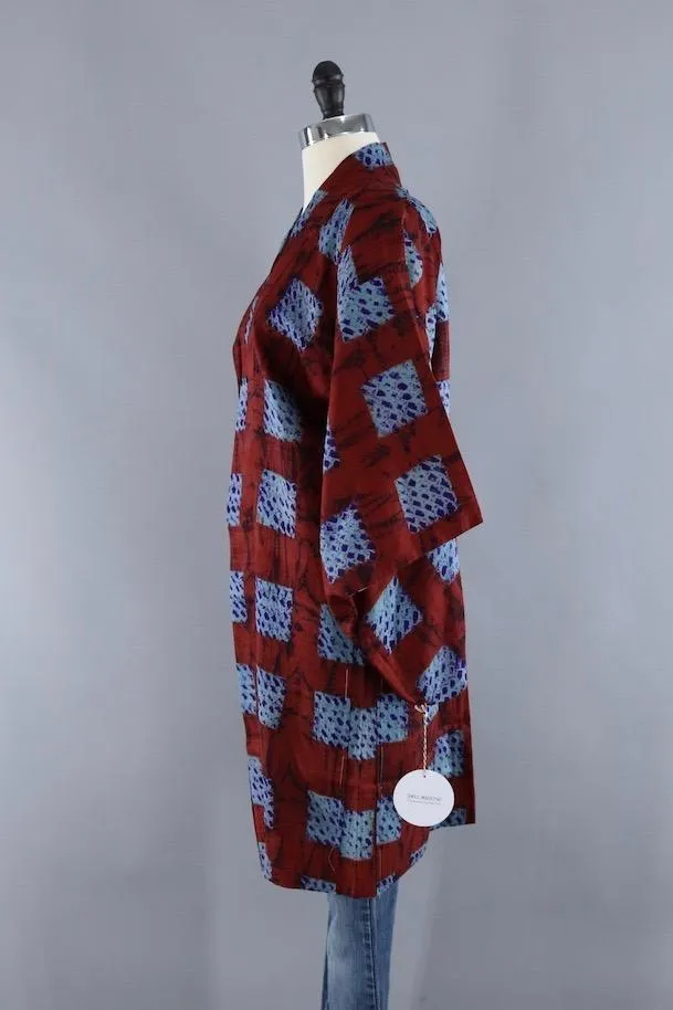 Vintage Silk Kimono Cardigan / Brown & Blue Shibori Dyed