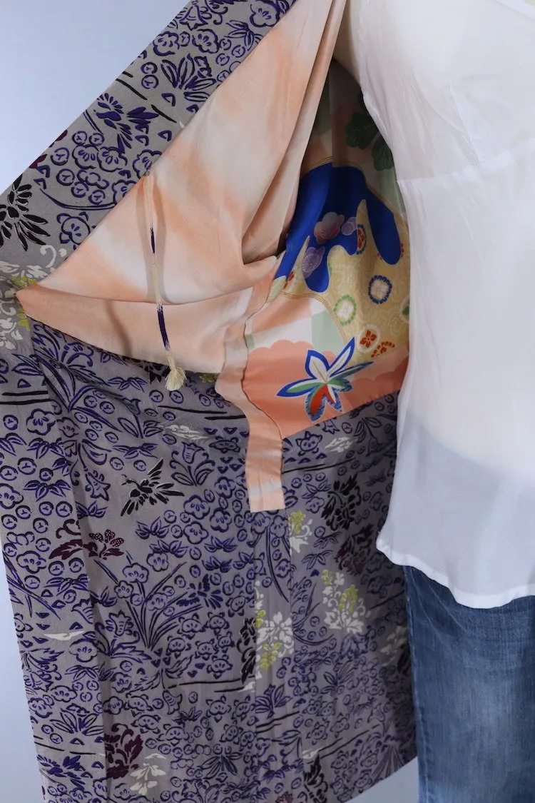 Vintage Silk Kimono Cardigan Jacket / Grey Ombre Floral