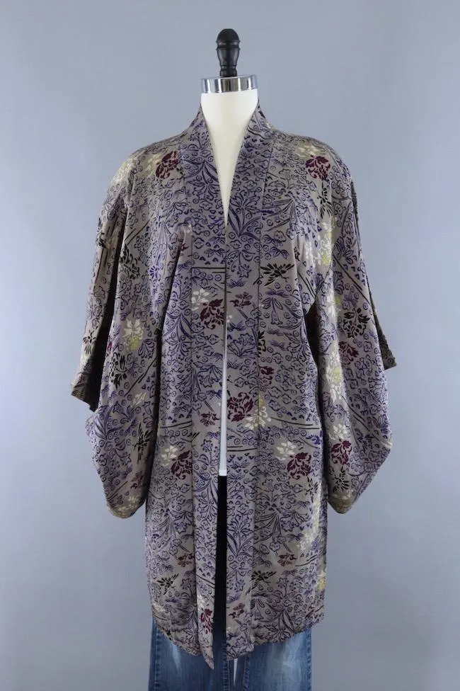 Vintage Silk Kimono Cardigan Jacket / Grey Ombre Floral