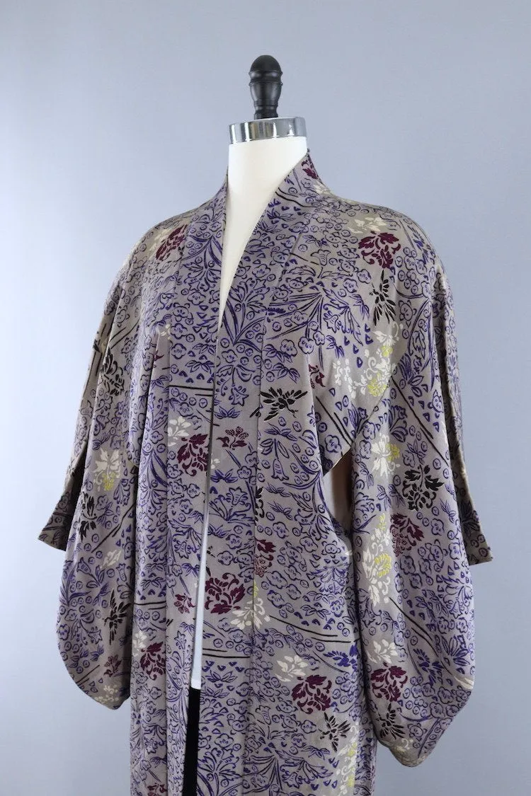 Vintage Silk Kimono Cardigan Jacket / Grey Ombre Floral