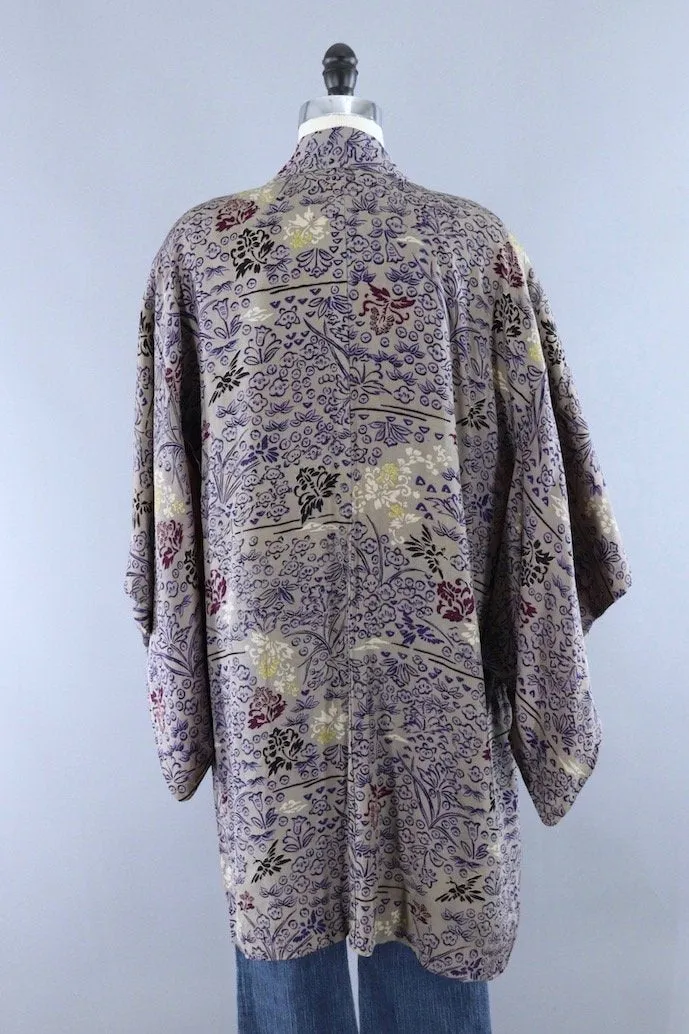 Vintage Silk Kimono Cardigan Jacket / Grey Ombre Floral
