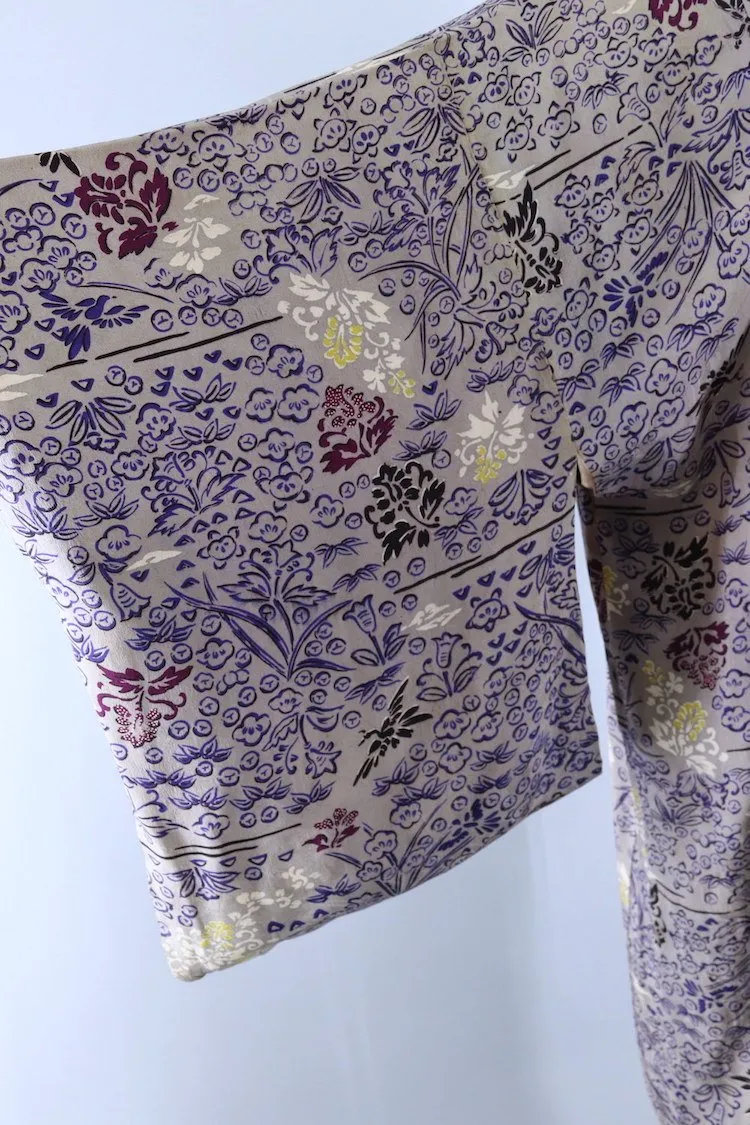 Vintage Silk Kimono Cardigan Jacket / Grey Ombre Floral
