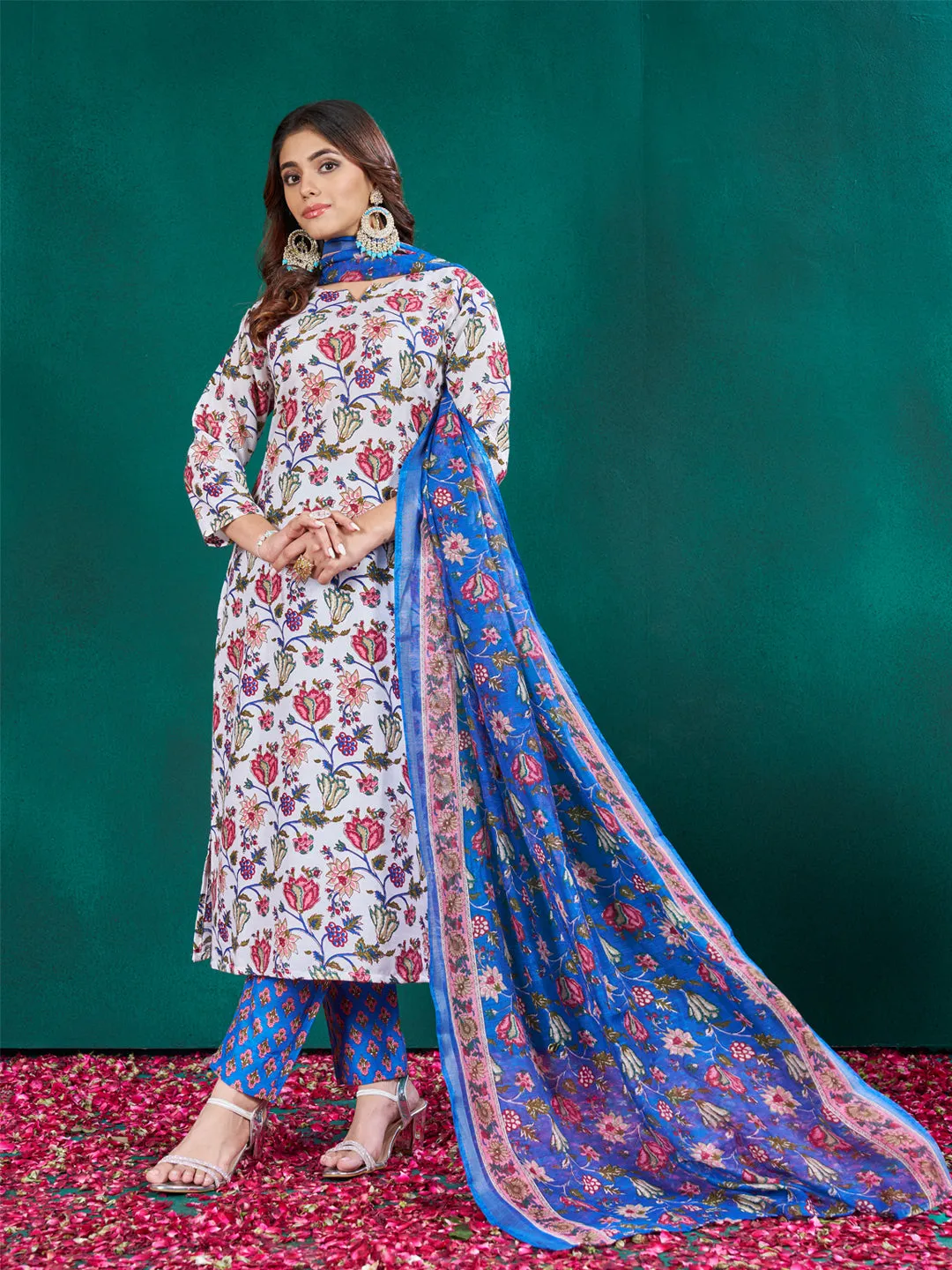 White Soft Cotton Blend Print Party Wear Readymade Kurti Set