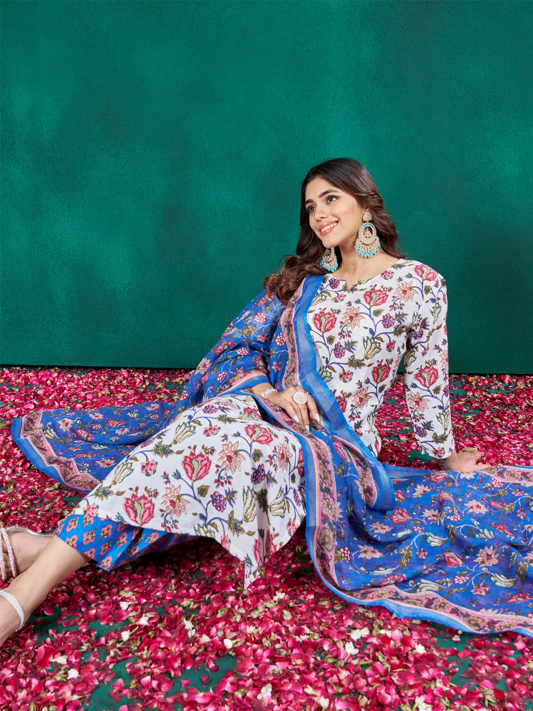 White Soft Cotton Blend Print Party Wear Readymade Kurti Set