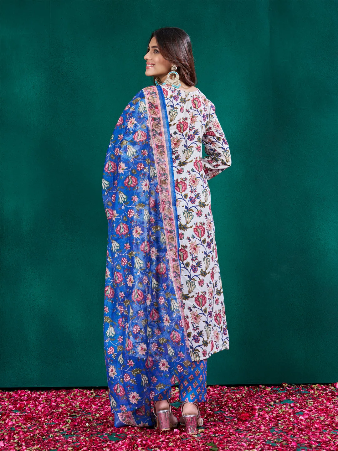 White Soft Cotton Blend Print Party Wear Readymade Kurti Set