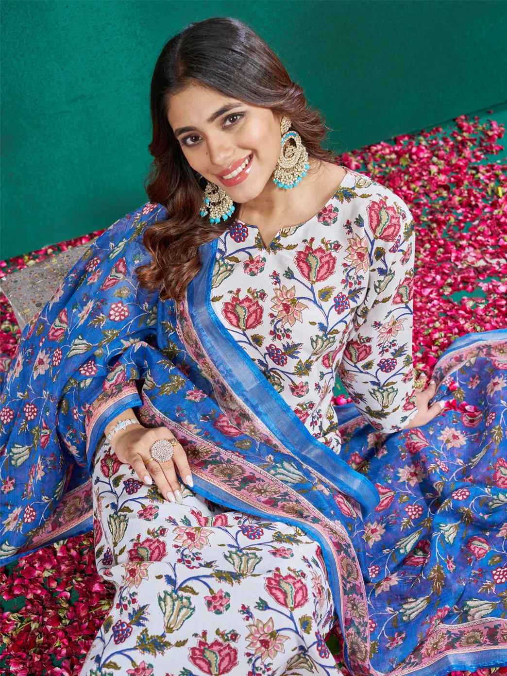 White Soft Cotton Blend Print Party Wear Readymade Kurti Set