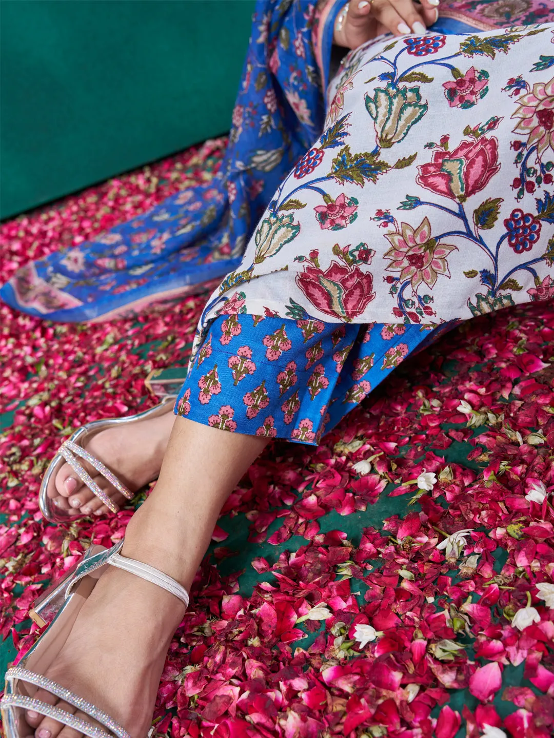 White Soft Cotton Blend Print Party Wear Readymade Kurti Set