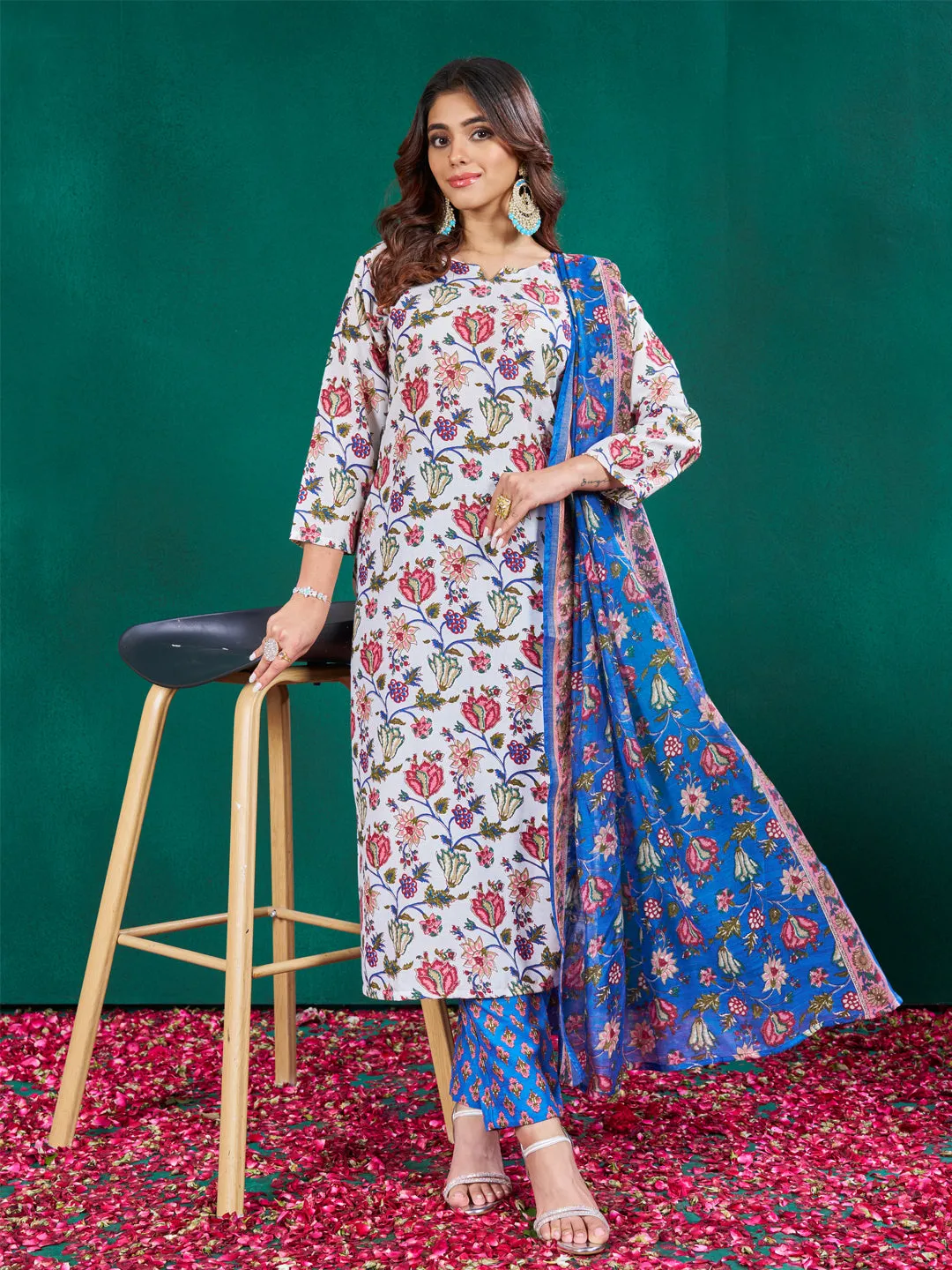 White Soft Cotton Blend Print Party Wear Readymade Kurti Set