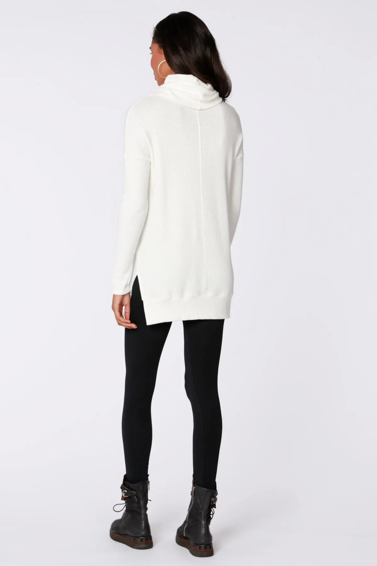 White Waffle Knit Cowl Neck Tunic Top