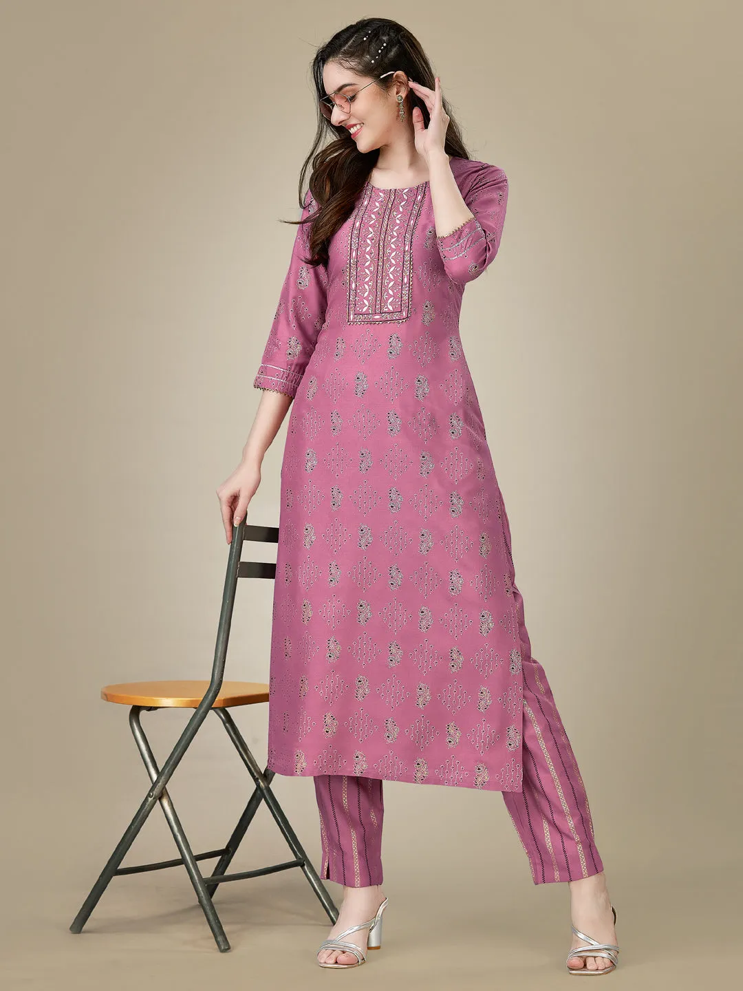 Wine Heavy Rayon Cotton with Embroidery Work Kurti Set