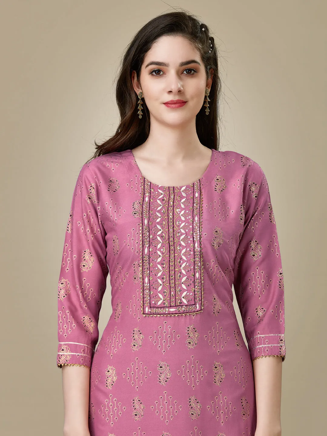 Wine Heavy Rayon Cotton with Embroidery Work Kurti Set