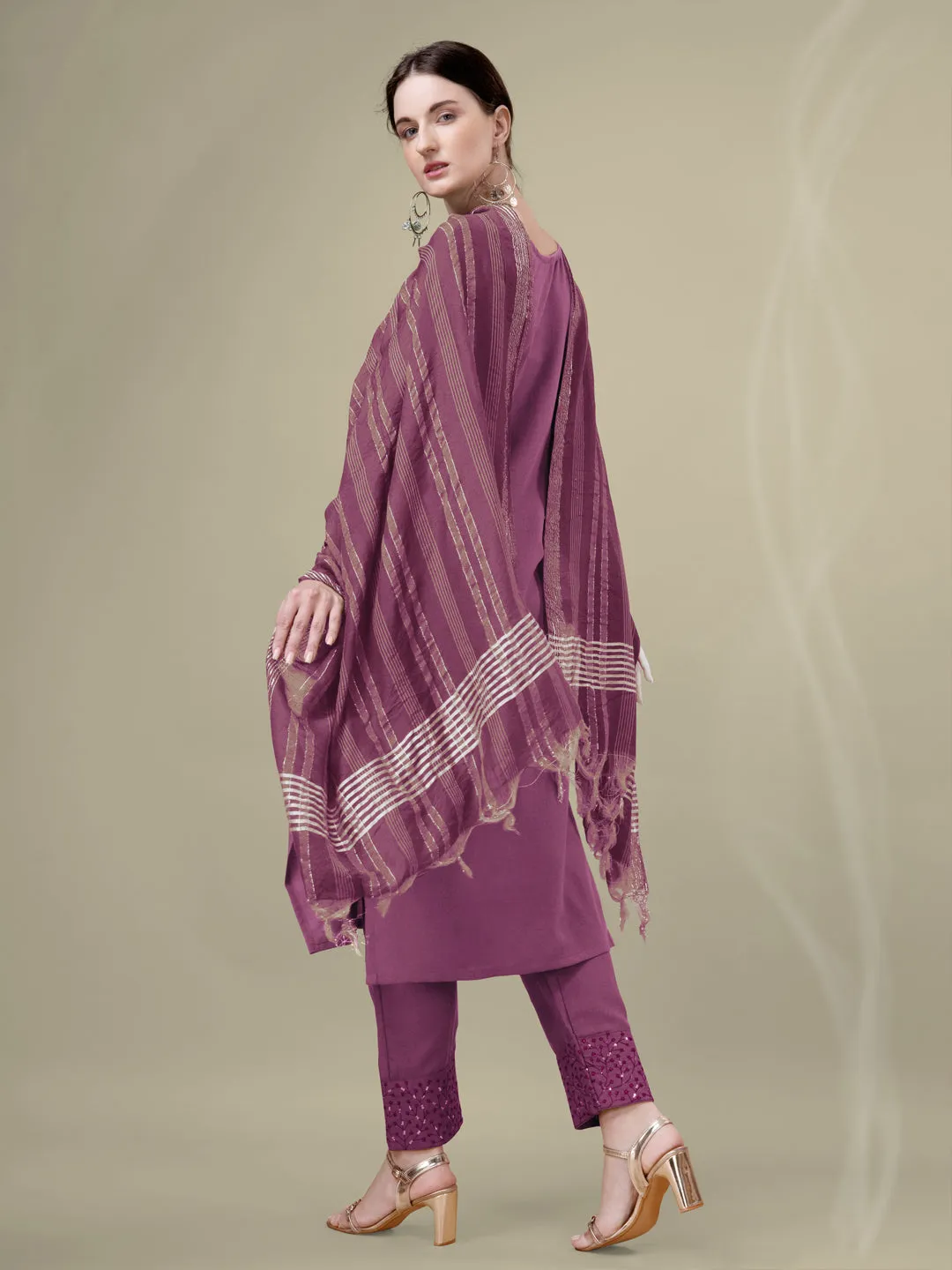 Wine Rayon Print with Embroidery & Sequence Work Kurti Set