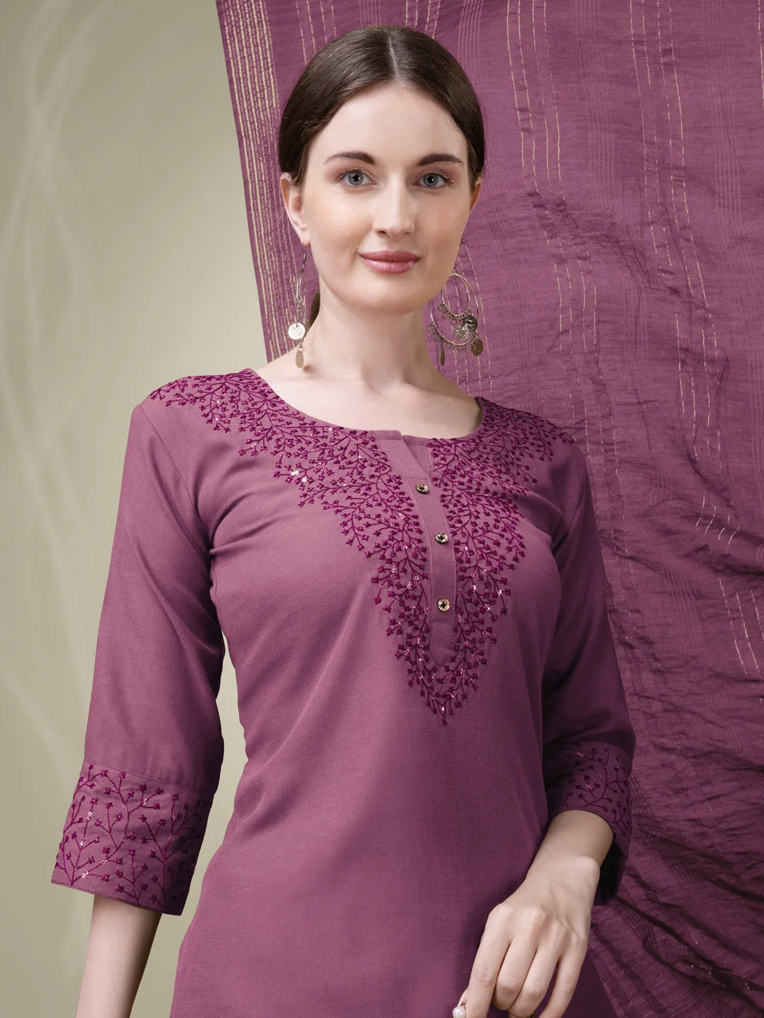 Wine Rayon Print with Embroidery & Sequence Work Kurti Set