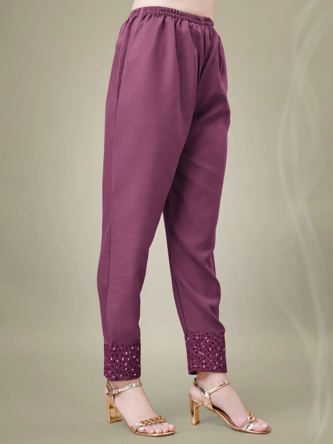 Wine Rayon Print with Embroidery & Sequence Work Kurti Set