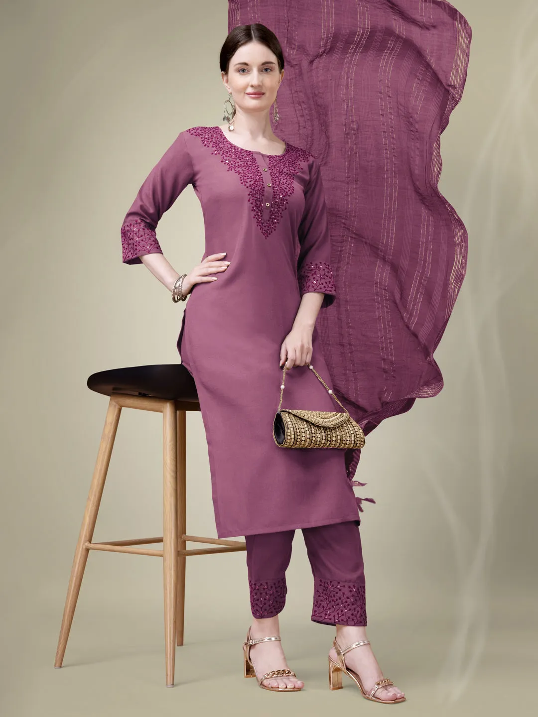 Wine Rayon Print with Embroidery & Sequence Work Kurti Set
