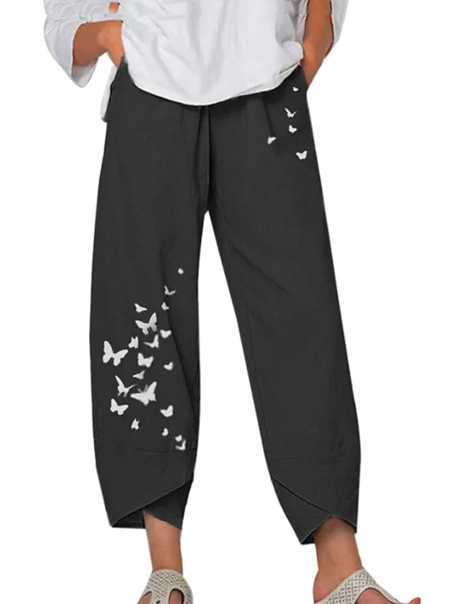 Women's Pants Trousers Capri shorts Linen / Cotton Blend Black / Red Light Green Grey High Waist Chino Casual Going out Print Ankle-Length Breathable Butterfly S M L XL XXL / Loose Fit