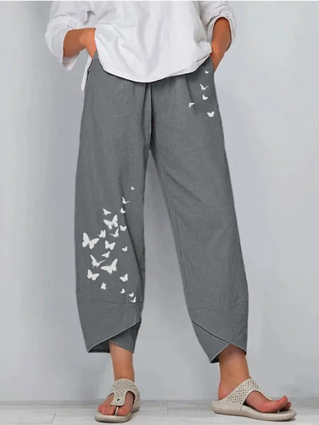 Women's Pants Trousers Capri shorts Linen / Cotton Blend Black / Red Light Green Grey High Waist Chino Casual Going out Print Ankle-Length Breathable Butterfly S M L XL XXL / Loose Fit