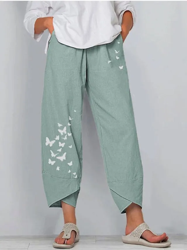 Women's Pants Trousers Capri shorts Linen / Cotton Blend Black / Red Light Green Grey High Waist Chino Casual Going out Print Ankle-Length Breathable Butterfly S M L XL XXL / Loose Fit
