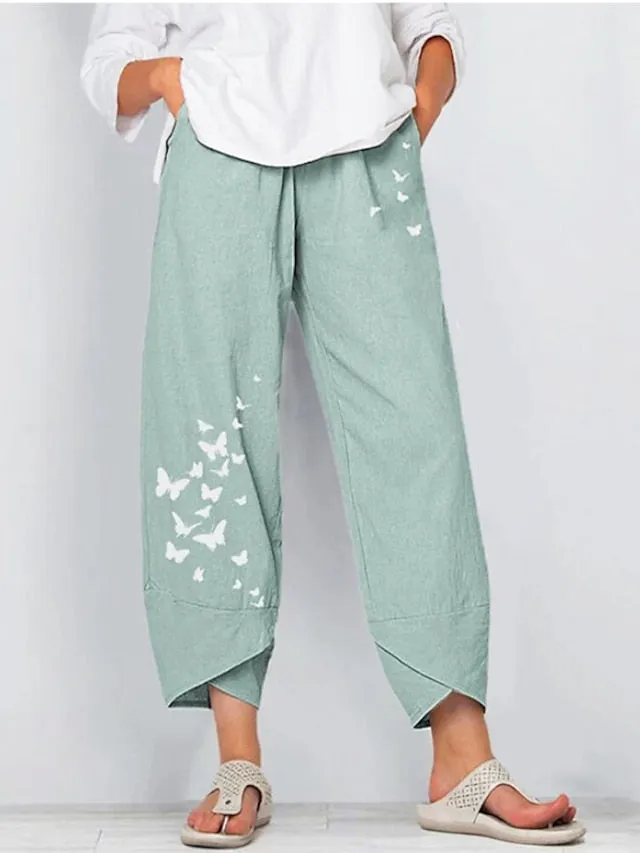 Women's Pants Trousers Capri shorts Linen / Cotton Blend Black / Red Light Green Grey High Waist Chino Casual Going out Print Ankle-Length Breathable Butterfly S M L XL XXL / Loose Fit