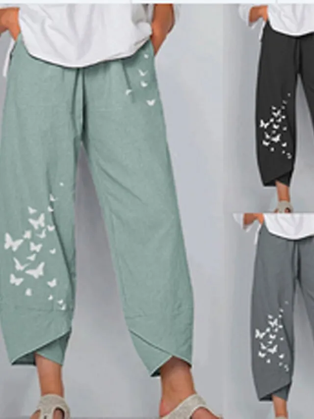 Women's Pants Trousers Capri shorts Linen / Cotton Blend Black / Red Light Green Grey High Waist Chino Casual Going out Print Ankle-Length Breathable Butterfly S M L XL XXL / Loose Fit