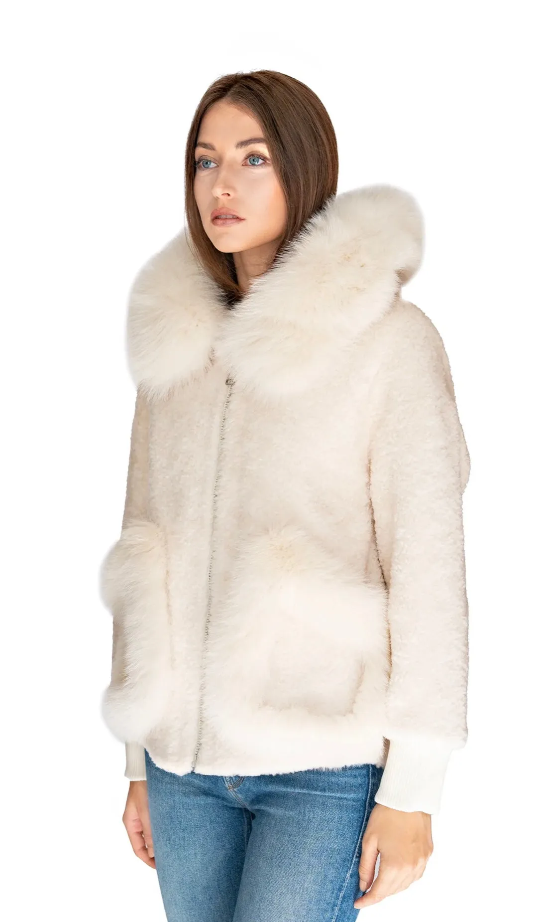 Women's Shearling and Fox Fur Hooded Teddy Coat