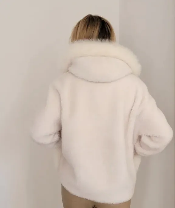 Women's Shearling and Fox Fur Hooded Teddy Coat
