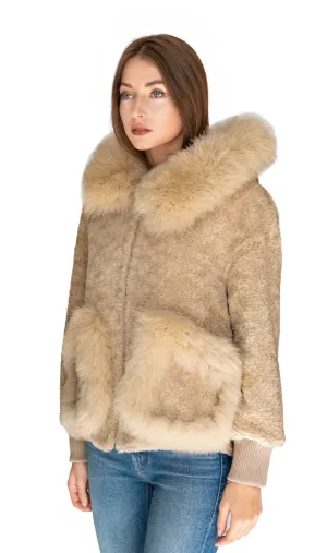 Women's Shearling and Fox Fur Hooded Teddy Coat
