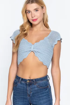 Women's Short Sleeve V-neck Front Knot Detail Sweater Knit Crop Top
